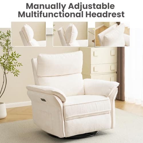 Rhevoy Oversized Power Recliner Chair Swivel Glider with Massage and Heat, Rocker Nursery Recliner for Adults with Adjustable Headrest, 26" Extra Wide Nursery Chair with Overstuffed Armrest,White 7
