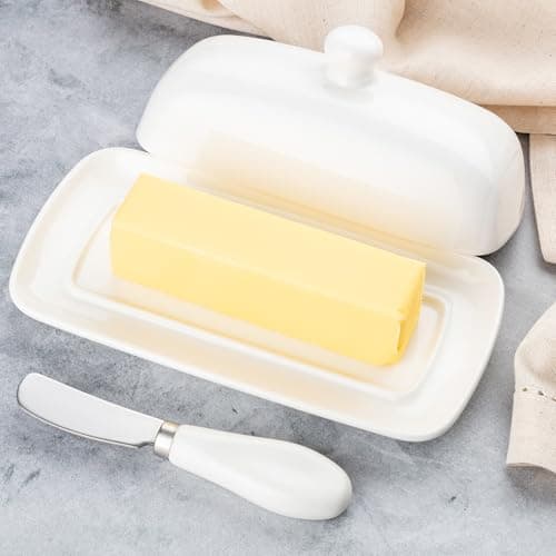 Zulay Kitchen Ceramic Butter Dish with Lid For Countertop & Stainless Steel Knife – Keeps Butter Soft & Fresh – White Butter Dish with Easy-Grip Knob, Durable & Everyday Butter Holder for Home - White 7