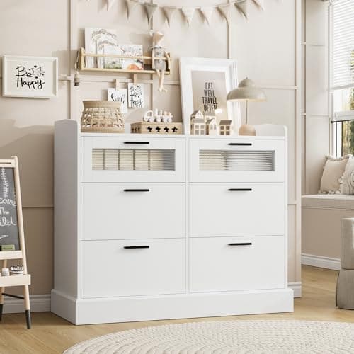 HOSTACK Modern 6 Drawer Dresser for Bedroom, Double Wide Chest of Drawers with Storage, Tall Dresser with Metal Handle & Fluted Glass, Wood Console Cabinet with Fence for Living Room, Entryway, White
