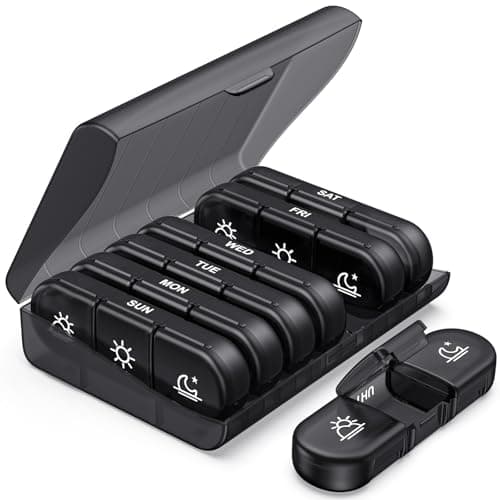 PULIV Weekly Pill Organizer 3 Times a Day, Portable Travel Pill Box 7 Day with Large Pill Containers, Light-Proof Pill Case for Vitamins, Medication, Supplements and Fish Oils (Black)