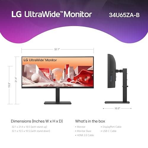 LG 34U65ZA-B UltraWide 34-Inch 3800R Curved Monitor QHD (3440 x 1440) IPS, Built-in Power, 3800R, HDR10, HDMI, DisplayPort, USB Type-C 90W PD, Built-in Speaker, Tilt/Height/Swivel Stand, Black 12