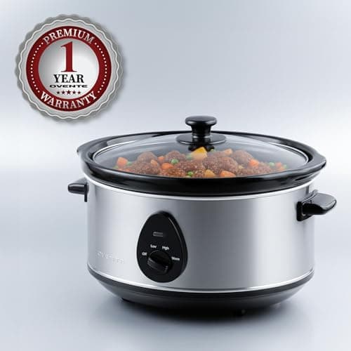 OVENTE Electric Slow Cooker with 3 Cooking Settings, Non-Stick and Dishwasher Safe Stoneware, Stainless Steel Body, Glass Lid, 3.7 Qt Oval Pot for Entrees, Soups, Sauces, Stews & Dips, Silver SLO35ABR 7
