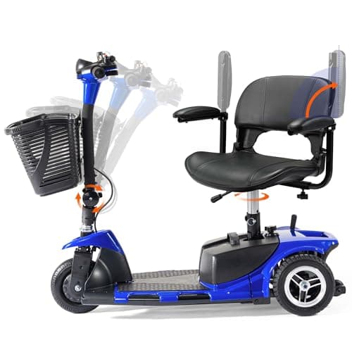 3 Wheel Mobility Scooters for Adults, Folding Mobility Scooter for Seniors, 265 lb Capacity Electric Scooter with Basket, Powered Mobility Scooter for Travel, Long Range Power Battery, Blue