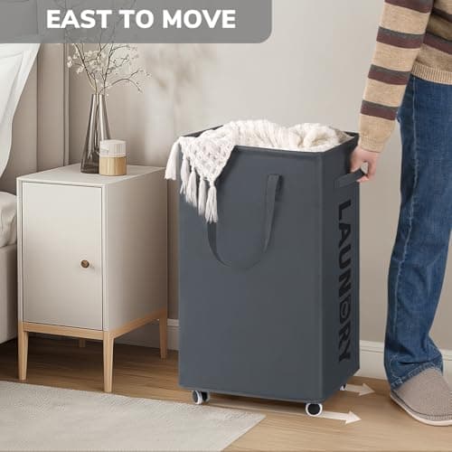 Goodpick Laundry Basket with Wheels, Laundry Hamper with Removable Wash Bag, Clothes Hamper, Rolling Laundry Basket, Dorm Room Essentials, 75L, Grey 5