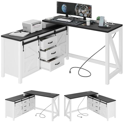 L Shaped Desk With Drawers, Farmhouse Executive Wood Home Office With Power Outlet, Rustic Reversible Computer With Storage Cabinet, Double Sliding Barn Door and Adjustable Shelves 7