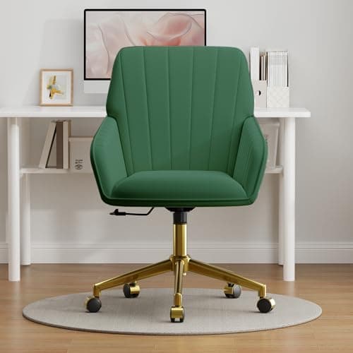 YISHENG Velvet Office Desk Chair with Gold Base, with Wheels,Modern Height Adjustable 360 Degree Swivel Upholstered Vanity Chairs with Arms for Living Room Bedroom,Green 9
