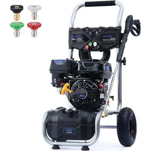 MUTAOMAY 3500 PSI Gas Pressure Washer, 2.3 GPM Power Washer with 209CC Engine, Maintenance-Free Axial Cam Pump, 25FT Hose, 4 Nozzles for Driveways, Walls, Vehicles, Patio (Black)