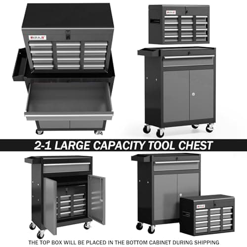 Tool Chest 7-Drawer | 40'' H Rolling Tool Chest with Wheels | Detachable Top Metal Tool Box | Garage Storage Cabinet for Repair Room,Warehouse | Rolling Tool Box with Hooks,Liners,Tray Divider | Black 5