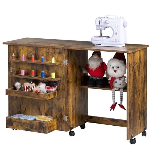 Vividwood Folding Sewing Table, Multipurpose Sewing Machine Table with Compact Design, Wheels, Shelves, Bins, Pegs, Magnetic Locks (Rustic-Brown)