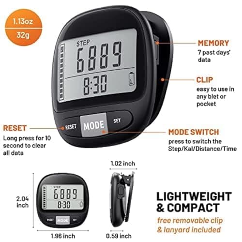 3D Pedometer for Walking with Clip and Strap, Walking Distance Miles, Calorie Counter, 7 Days Memory, Daily Target Monitor, Activity Time. Accurate Step Counter for Men Women & Kids Seniors 7