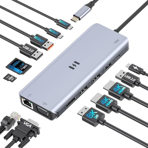 USB C Docking Station 4 Monitors,13 in 1 Laptop Docking Station 3 Monitors with Dual HDMI,8K DP,VGA,10Gbps USB A/C Data Transfer, PD Charging,USB C Hub Multiport Adapter for Windows/macOS Laptop