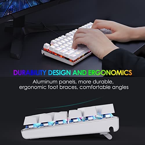 HUO JI E-Yooso Z-88 RGB Mechanical Gaming Keyboard, Metal Panel, Blue Switches - Clicky, Compact 81 Keys Hot Swappable for Mac, PC, Silver and White 7