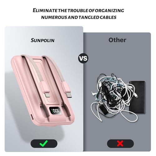 sunpolin Portable Charger 10000mAh Power Bank, Fast Charging Battery Pack with Built-in Cables, Compatible with iPhone, Samsung, Android, Apple Watch, AirPods, Magnetic Wireless Charging Gold Pink 6