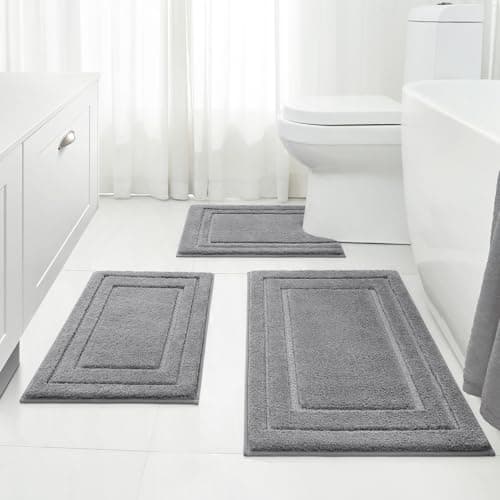 HOMEIDEAS Bathroom Rugs Sets 3 Piece, Super Soft and Absorbent Non Slip Microfiber Toilet Bath Mat with U-Shaped (Grey)