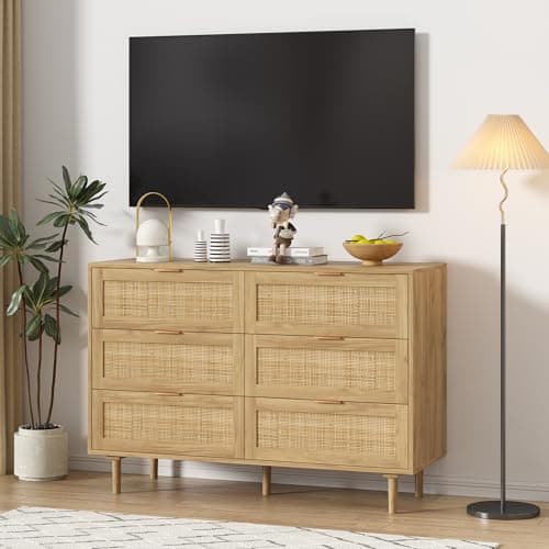 Furniouse Rattan Dresser for Bedroom, 6 Drawers Wood Small Dresser for Closet with Solid Legs and Natural Rattan, Boho Beside Table for Living Room, Natural 4