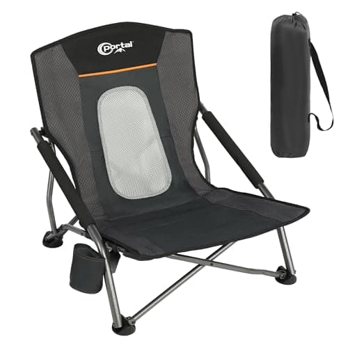 PORTAL Beach Camping Folding Chairs for Adults Low Portable Chair with Cup Holder High Mesh Back for Outdoor Lawn Sand Travel Festival Concert, 300LBS