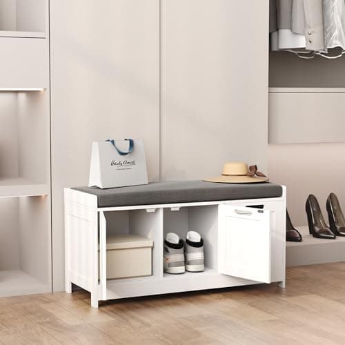 HOMEFORT Shoe Storage Bench, Wooden Shoe Bench with 3-Door Cabinets, Entry Way Home Organizer Bench, Entryway Bench with Padded Cushion Seat, White Storage Bench for Bedroom 6