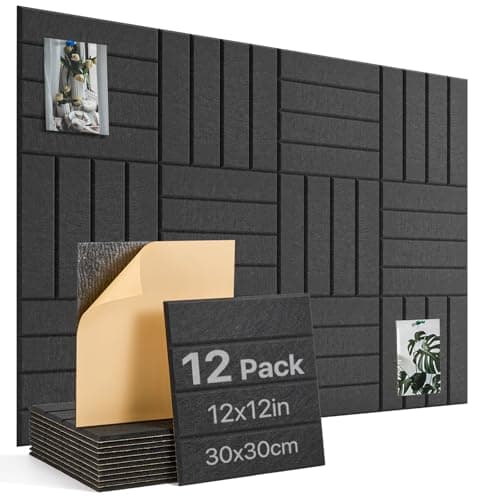 Large Cork Board, 12 Pack 12"X12"X0.4" Felt Bulletin Board Tiles with Self Adhesive for Wall Home Office Decor, Pin Cork Boards-Black
