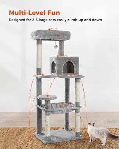 PETEPELA 56.3'' Tall Cat Tree for Indoor Cats, Multi-Level Cat Tower with Super Large Hammock (20''X16''), Sisal Covered Scratching Posts, Cozy Condo and Top Perch Grey 6
