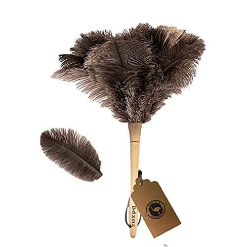 Ostrich Feather Duster for Cleaning-Furniture Dusters with Handle Ddzmz Hand Duster with Fluffy Natural Genuine Feather Reusable Household Duster, Gray and Brown(Length 16")