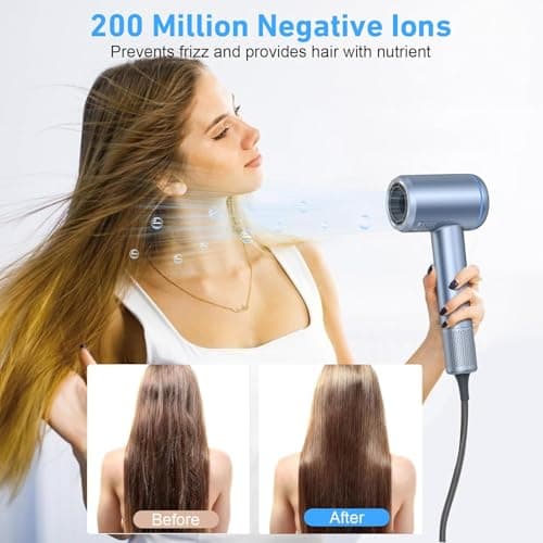 Hair Dryer, 150000 RPM High-Speed Brushless Motor Negative Ionic Fast Drying Blow Dryer with LCD Display, 4 Temps & 3 Speeds and 2 Magnetic Nozzle Hairdryer for Woman Kids Salon 8