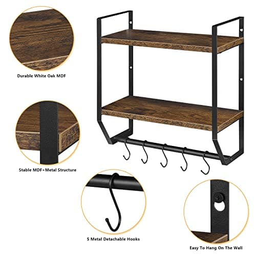 Towel Rack with Shelf 2 Tier Wall Bathroom Shelf with Towel Bar Hooks for Bathroom Living Room Kitchen, Brown 6