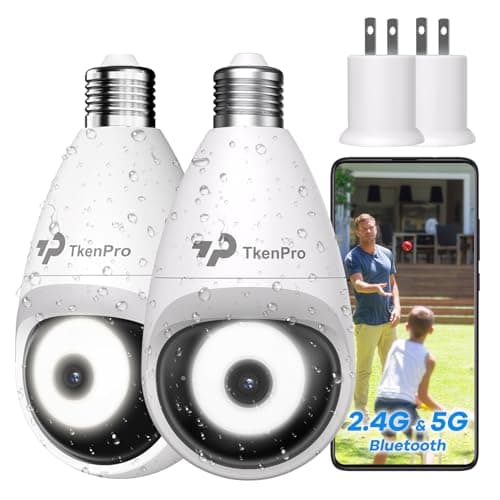 TKENPRO 3K Light Bulb Security Camera Wireless Outdoor, IP65 Waterproof and 5G&2.4G Connect, Full-Color Night Vision and 360° Motion Detection -2 Pack