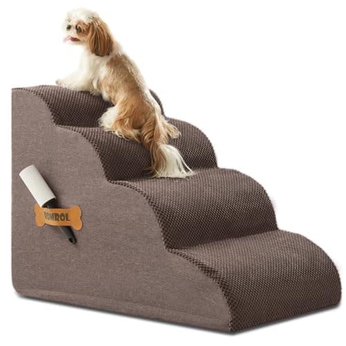 ROMROL Dog Stairs, Romrol Dog Steps Ramp for High Bed and Couch, Dog Ramp with Durable Non-Slip Waterproof Fabric Cover, Pet Stairs for Small Dogs and Cats or Pets Joints, 4-Tiers,Coffee