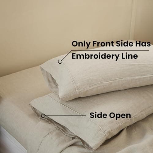 King Linens 100% French Linen Pillowcases with Embroidery - Pack of 2 - Washed Solid Color Natural Flax Soft Breathable - Linen, 20'' x 30'' 5
