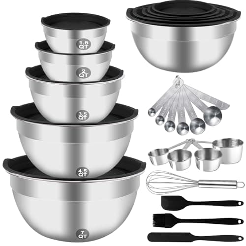 WEPSEN Mixing Bowls Set, 25PCS Stainless Steel Mixing Bowl with Lid Set, Large Nesting Bowls 7, 4.5, 3,2, 1.5QT, Measuring Cups and Spoons Baking Utensils Metal Bowl for Kitchen Prep