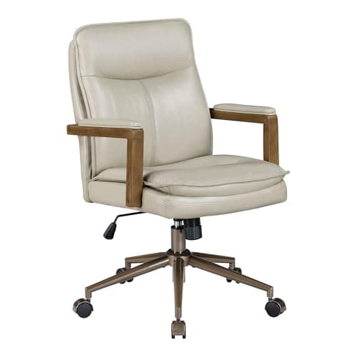 OSP Home Furnishings Woodlands Adjustable Height and Tilt, Swivel Home Office Chair with Padded Wood Arms, Taupe Faux Leather