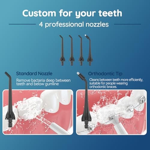 Mornwell Water Dental Flosser Teeth Pick for Teeth, Portable Cordless Water Flossers Oral Irrigator with 10 Intensity 4 Jet Rechargeable IPX7 Waterproof Water Tank Flosser Electric Travel (Black D) 7