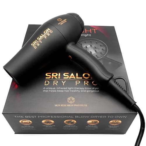 Skin Research Institute (SRI) Salon Dry Pro Infrared Hair Dryer - Negative Ions for Reduced Frizz, Fast-Drying and Max Shine, Attachments Included