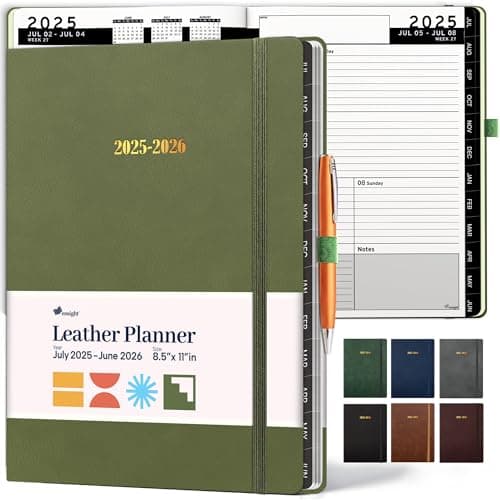 Ensight 2025-2026 HARDCOVER Leather Planner Weekly & Monthly - 8.5x11 Inches - Academic Planner Business Personal or Student - Pen Holder, Thick Paper, July 2025 - June 2026 (Olive Green)