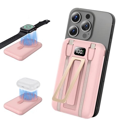 sunpolin Portable Charger 10000mAh Power Bank, Fast Charging Battery Pack with Built-in Cables, Compatible with iPhone, Samsung, Android, Apple Watch, AirPods, Magnetic Wireless Charging Gold Pink