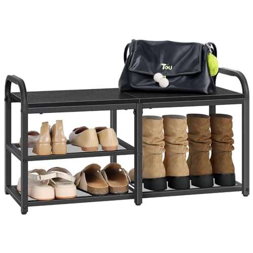 Shoe Rack Bench for Entryway, Industrial Shoe Storage Bench, Entryway Bench, 3-Tier Metal Shoe Rack, Mesh Bench with Storage, 6-8 Pairs Shoe Organizer for Hallway (Black)