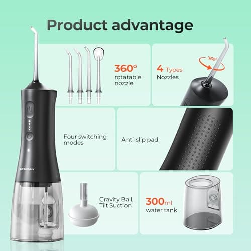 OPERAN Water Flossers for Teeth, Cordless Portable Water Flossers for Adults Braces, IPX7 Waterproof with 4 Modes, 4 Professional Nozzles, 300ml Tank & 21 Days Runtime for Travel, Black, 1Pack 5