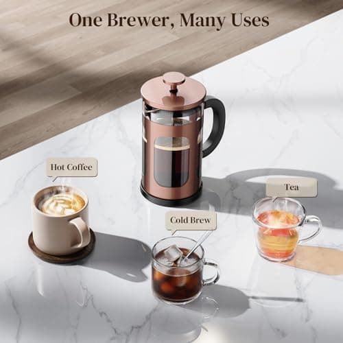 Veken French Press Coffee Maker 21oz 0.6 L, Single Serve Small Pot, Heat Resistant Thickened Borosilicate Glass, Stainless Steel Brewer, Cold Brew Cafetera Teapot for Kitchen Travel Camping, Copper 8