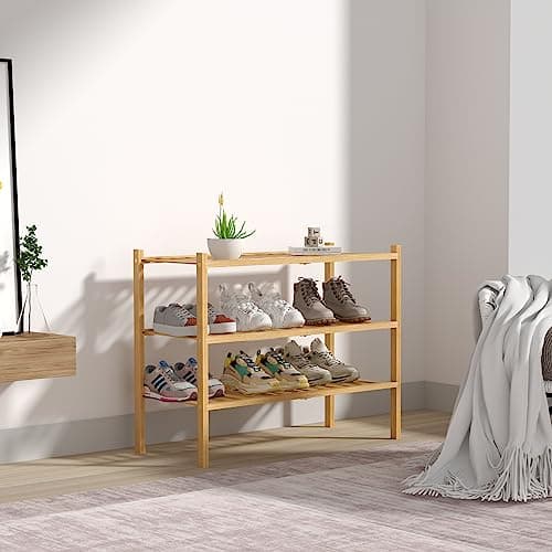 ROMGUAR CRAFT 3 Tier Bamboo Shoe Rack for Closet Free Standing Wood Shoe Shelf Storage Organizer for Entryway Small Space Stackable 27"x11"x20" (Natural) 7
