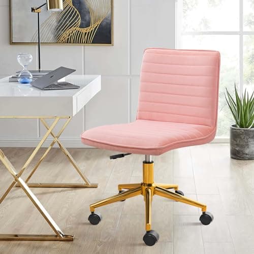 Furniliving Armless Vanity Chair with Wheels, Computer Rolling Desk Chair with Back, Pink Office Chair with Height Adjustable Soft Velvet Fabic Gold Metal Base Stool,Pink
