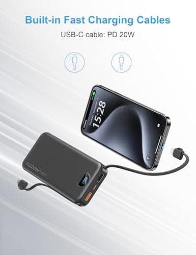 Portable Charger with Wall Plug, 10000mAh USB C Power Bank Fast Charging, External Battery Pack with Built in Cables, Digital Display, 5 Output 4 Input for iPhone Android Cell Phone Tablet 5