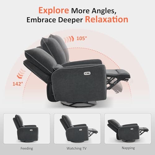 MCombo Power Swivel Glider Rocker Recliner Chair, Electric Swivel Rocker Recliner with USB Charging Ports for Living Room and Nursery, Fabric 6922 (Grey) 5