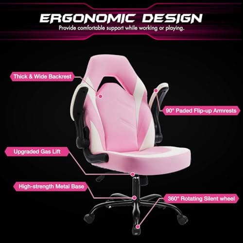 Sweetcrispy Computer Gaming Desk Chair - Ergonomic Lumbar Support Executive with PU Leather and Flip-up Armrest, Height Adjustable with 360° Swivel Wheels, Pink White, for Home and Office 6