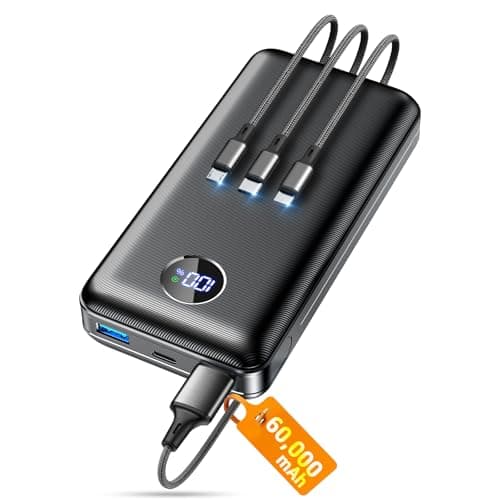 Portable Charger Power Bank, 60000mAh Battery Pack with 3 in 1 USB-C/iOS/Micro-USB Cable, 22.5W Fast Charging Portable Phone Charger, Travel Camping Essential Powerbank for iPhone 17/16 Samsung,Ebony