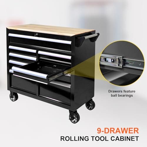 BOVONO 9-Drawer Rolling Tool Chest, Steel Tool Storage Workbench with 4 Steering Wheels and Wood Top, 42Inch Ball-Bearing Drawers Trolley, Perfect for Repair Shop, Garage & Home Improvement (Black) 5