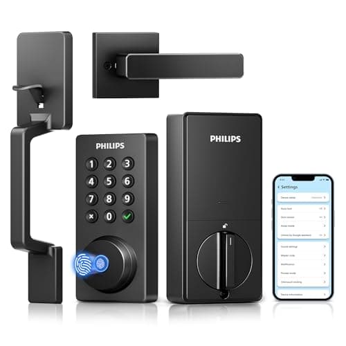 Philips Wi-Fi Smart Door Lock Deadbolt with Handle Set, Keyless Entry Door Lock for Front Door Set, Portable Fingerprint Door Lock with App Control, IP53 Waterproof, Auto Lock, Alexa Voice Control