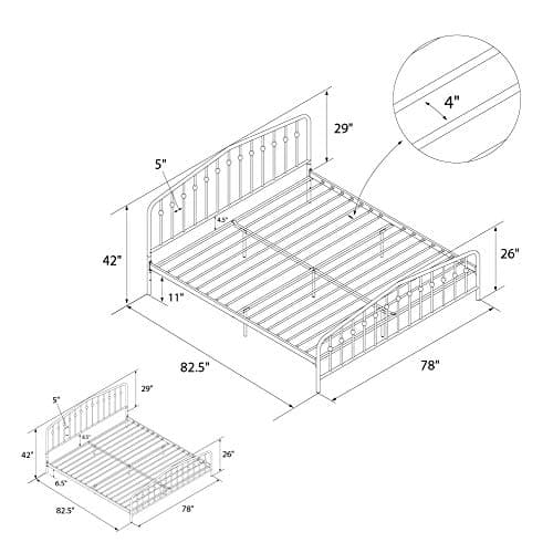 Novogratz Bushwick Modern Metal Bed, Slightly Triangular Headboard and Footboard with Inset Spindles, Adjustable Base Height for Underbed Storage, Requires No Box Spring, King Size - Black 8