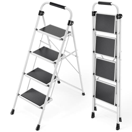KINGRACK Step Ladder 4 Step Folding Step Stool for Adults with Handrails Heavy Duty Steel Sturdy Lightweight Collapsible Portable Step Ladder with Anti-Slip Wide Pedal,White