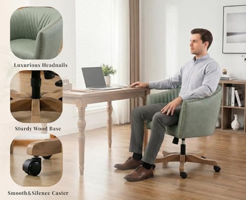QUINJAY Green Faux Leather Home Office Desk Chair, Upholstered Barrel Swivel Adjustable Arm Desk Chair with Nailheads, Comfy Mid-Back Study Chair with Silent Wheel for Study Office Computer 5