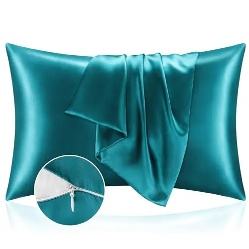 BEDELITE Satin Pillowcase with Zipper 2 Pack, Teal Pillow Cases Standard Size, Super Soft and Cooling Similar to Silk Pillow Cases, Gift for Women Men(20x26 Inches)